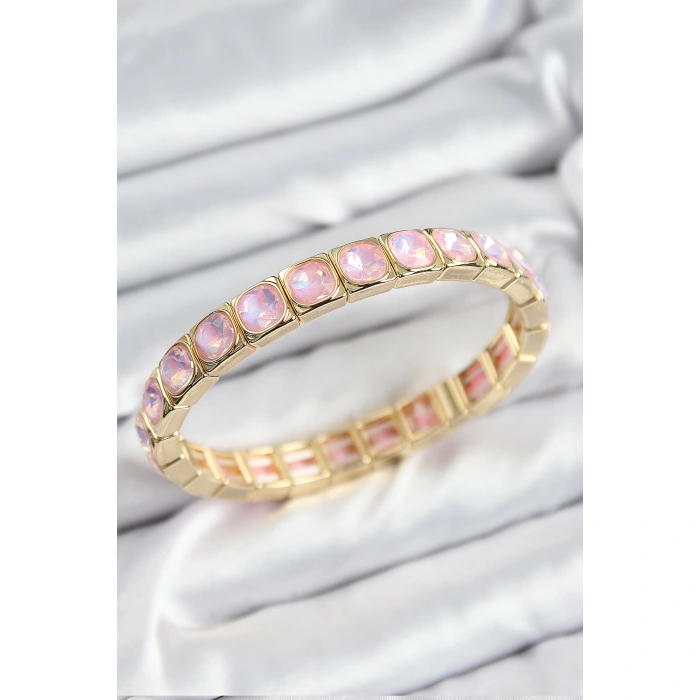 Pirinç Pembe Zirkon Taşlı Kare Model Gold Renk Lastikli Kadın Bileklik - Lisinya
