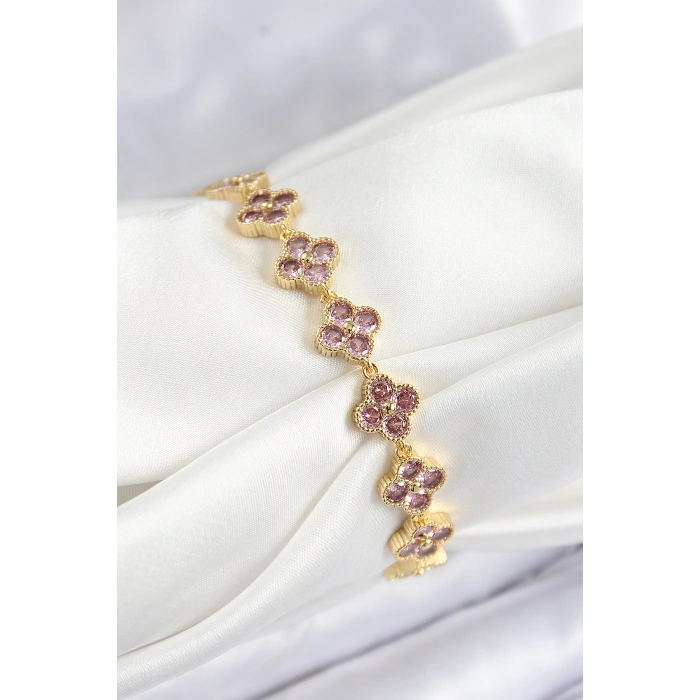 Pirinç Pembe Zirkon Taşlı Yonca Model Gold Renk VIP Seri Kadın Bileklik - Lisinya