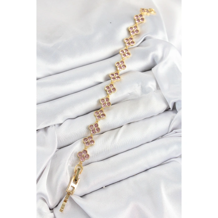 Pirinç Pembe Zirkon Taşlı Yonca Model Gold Renk VIP Seri Kadın Bileklik - Lisinya