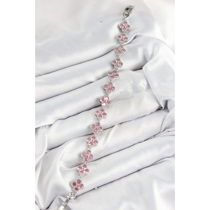 Pirinç Pembe Zirkon Taşlı Yonca Model Gümüş Renk VIP Seri Kadın Bileklik - Lisinya