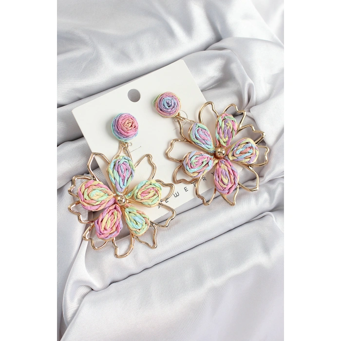 Pirinç Rainbow Çiçek Model Gold Renk Kadın Hasır Küpe - Lisinya