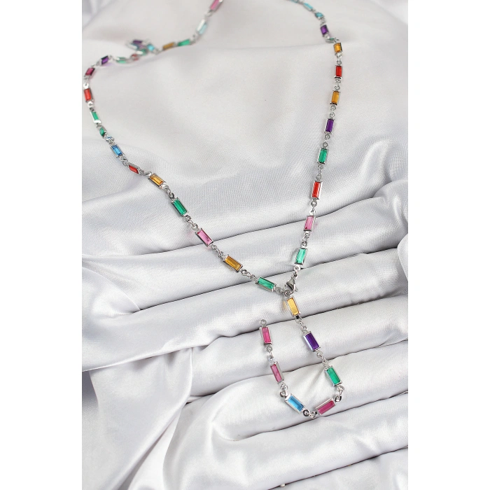 Pirinç Renkli Zirkon Taşlı Dikdörtgen Model Gümüş Renk Kadın Y Kolye - Lisinya