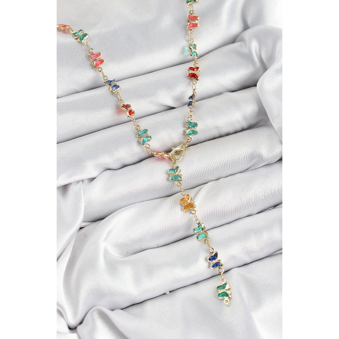 Pirinç Renkli Zirkon Taşlı Kelebek Model Gold Renk Kadın Y Kolye - Lisinya