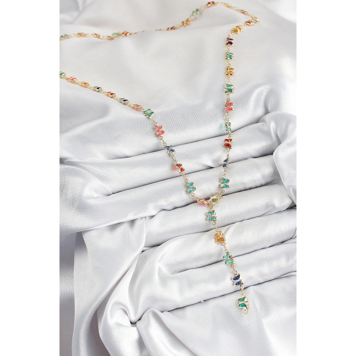 Pirinç Renkli Zirkon Taşlı Kelebek Model Gold Renk Kadın Y Kolye - Lisinya