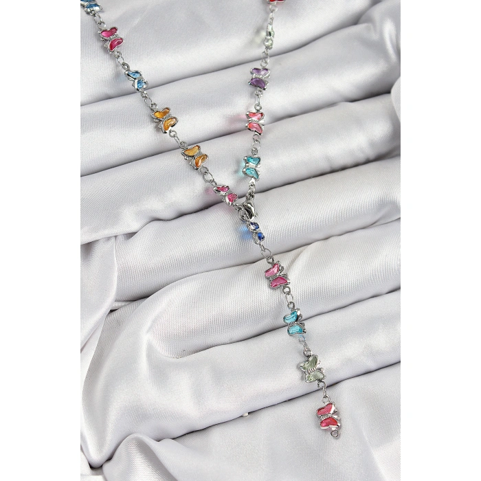 Pirinç Renkli Zirkon Taşlı Kelebek Model Gümüş Renk Kadın Y Kolye - Lisinya