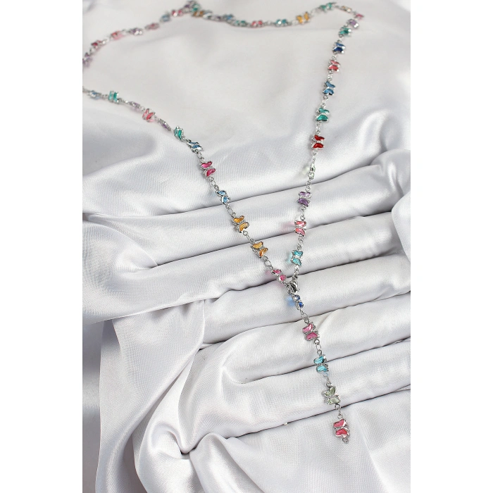 Pirinç Renkli Zirkon Taşlı Kelebek Model Gümüş Renk Kadın Y Kolye - Lisinya