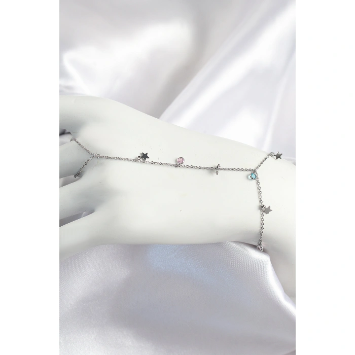 Pirinç Renkli Zirkon Taşlı Sallantılı Yıldızlı Model Gümüş Renk Kadın Şahmeran - Lisinya