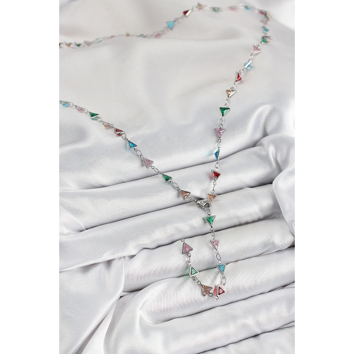 Pirinç Renkli Zirkon Taşlı Üçgen Model Gümüş Renk Kadın Y Kolye - Lisinya