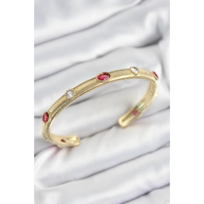 Pirinç Renkli Zirkon Taşlı Vintage Model Gold Renk Kadın Kelepçe - Lisinya