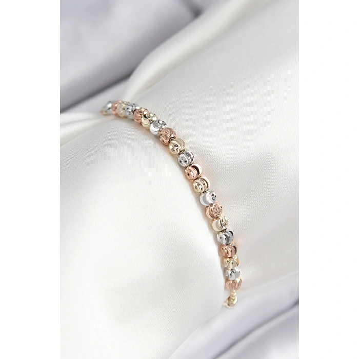 Pirinç Sıralı Boncuk Model Gold Gümüş Roz Renk Asansörlü Kadın Bileklik - Lisinya