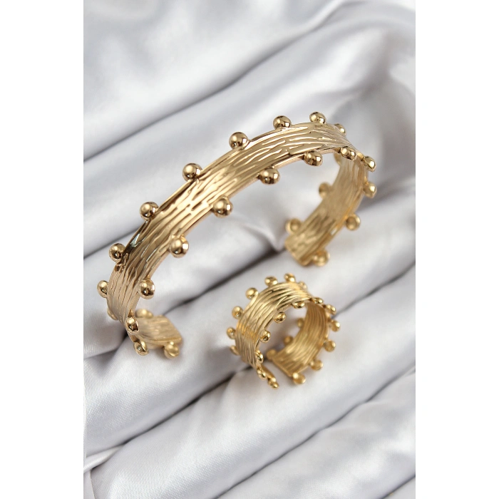 Pirinç Topcuk Model Gold Renk Bileklik Yüzük Set - Lisinya