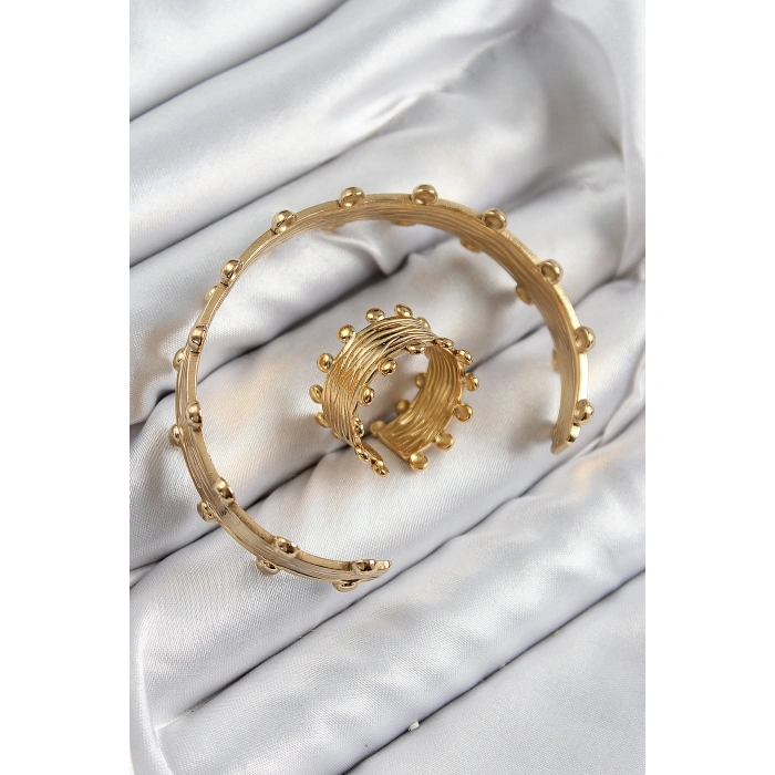 Pirinç Topcuk Model Gold Renk Bileklik Yüzük Set - Lisinya