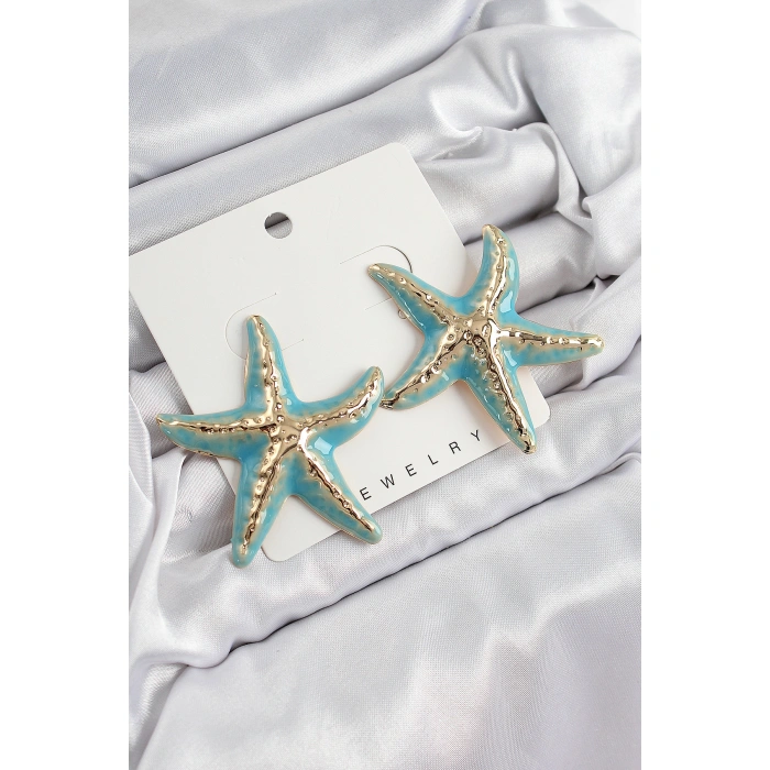 Pirinç Turkuaz Deniz Yıldızı Model Vintage Kadın Küpe - Lisinya