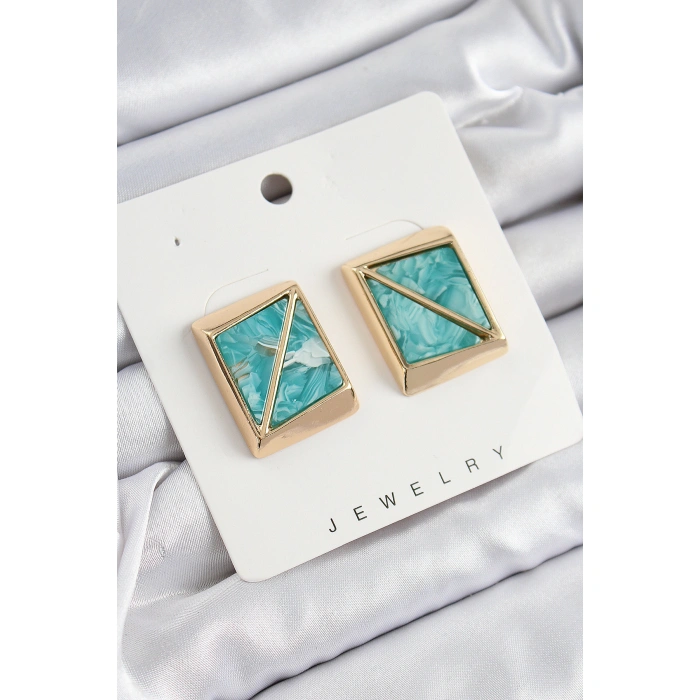 Pirinç Turkuaz Üçgen Kesim Detaylı Kare Model Vintage Gold Renk Kadın Küpe - Lisinya
