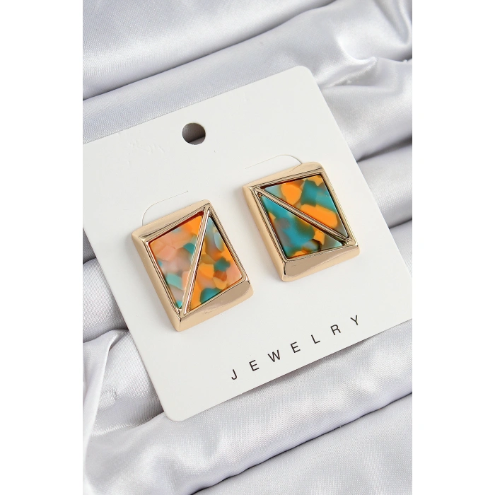 Pirinç  Turuncu Yeşil Üçgen Kesim Detaylı Kare Model Vintage Gold Renk Kadın Küpe - Lisinya