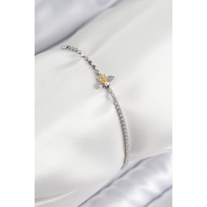 Pirinç Zirkon Taşlı Arı Model Ezme Zincir Gümüş Renk Kadın Bileklik - Lisinya