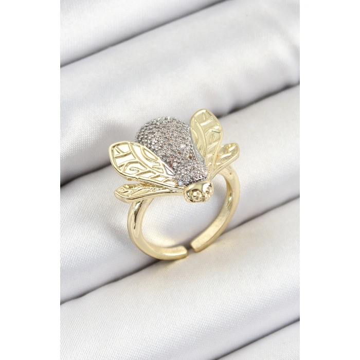 Pirinç Zirkon Taşlı Arı Model Gümüş Ve Gold Renk Kadın Yüzük - Lisinya