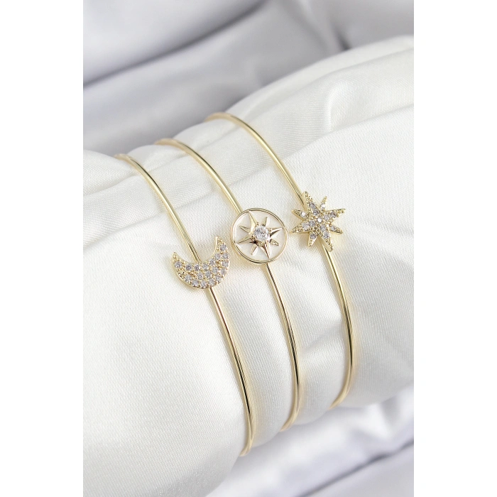 Pirinç Zirkon Taşlı Ay Ve Kutup Yıldızı Model Gold Renk Vip 3lü Kadın Bileklik - Lisinya