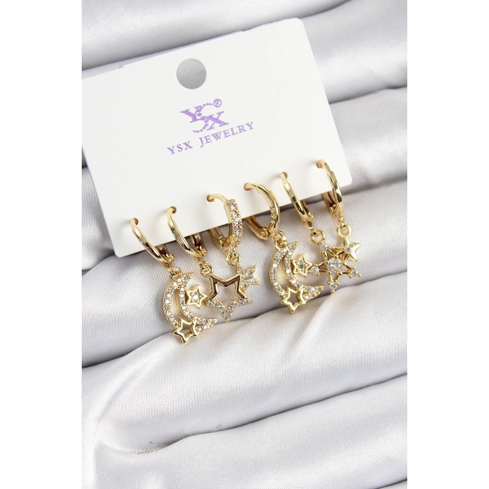 Pirinç Zİrkon Taşlı Ay ve Yıldız Model Gold Renk 3lü Çift Kadın Küpe - Lisinya