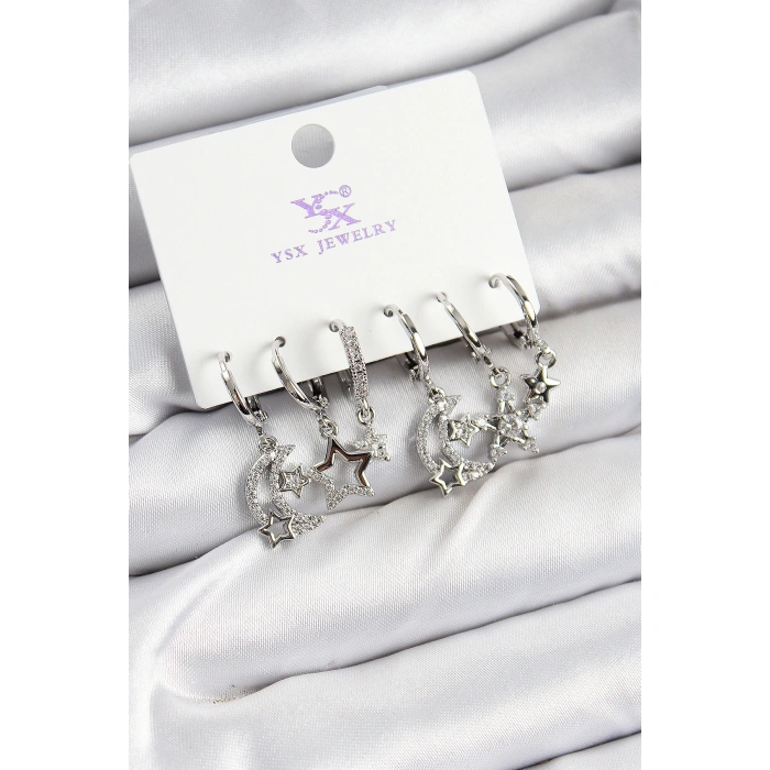 Pirinç Zİrkon Taşlı Ay ve Yıldız Model Gümüş Renk 3lü Çift Kadın Küpe - Lisinya