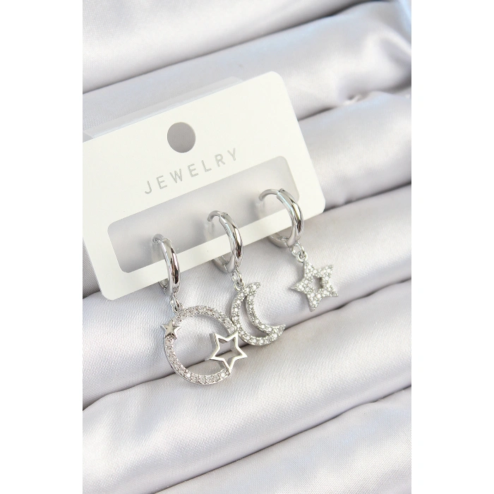 Pirinç Zirkon Taşlı Ay Ve Yıldız Model Gümüş Renk 3lü Çift Kadın Küpe Set - Lisinya