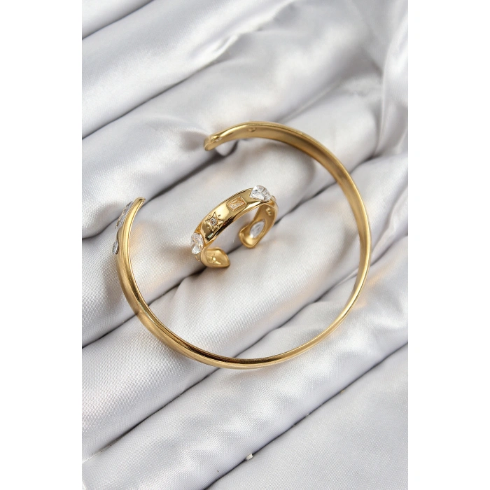 Pirinç Zirkon Taşlı Ayrık Model Gold Renk Bileklik Yüzük Set - Lisinya