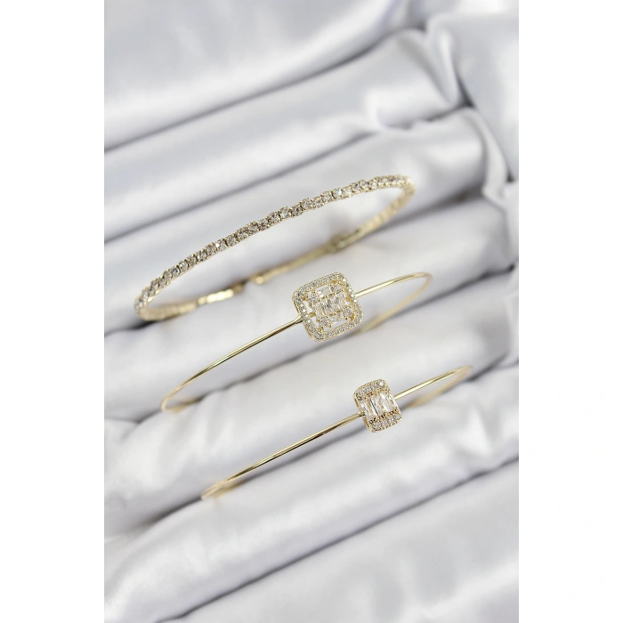 Pirinç Zirkon Taşlı Baget Model Gold Renk Vip 3lü Kadın Bileklik - Lisinya