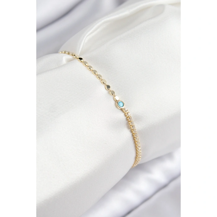Pirinç Zirkon Taşlı Boncuk Model Ezme Zincir Gold Renk Kadın Bileklik - Lisinya