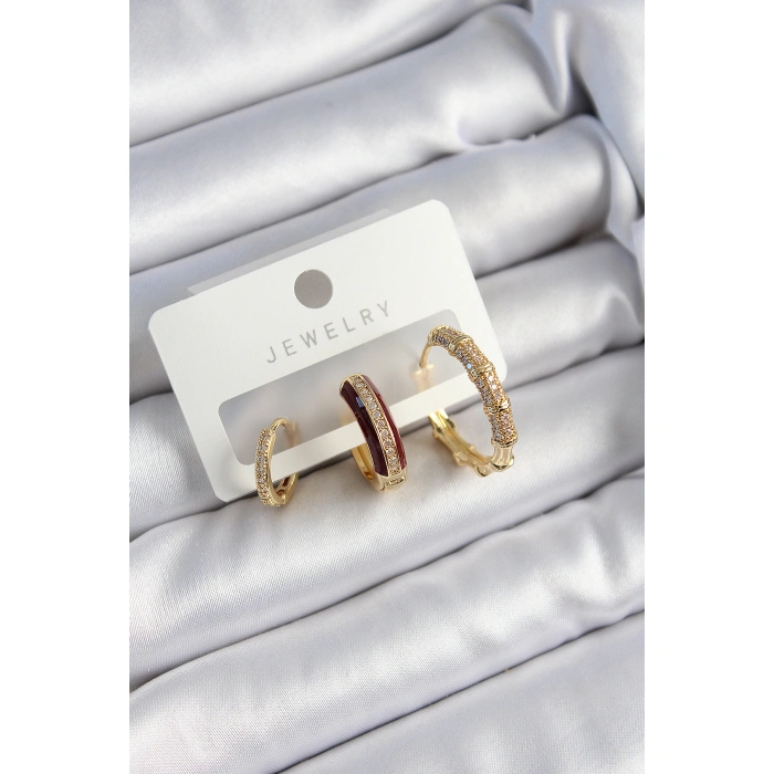 Pirinç Zirkon Taşlı Bordo Halka Model Gold Renk 3lü Çift Kadın Küpe Set - Lisinya