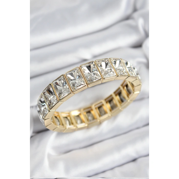 Pirinç Zirkon Taşlı Büyük Dikdörtgen Model Gold Renk Lastikli Kadın Bileklik - Lisinya