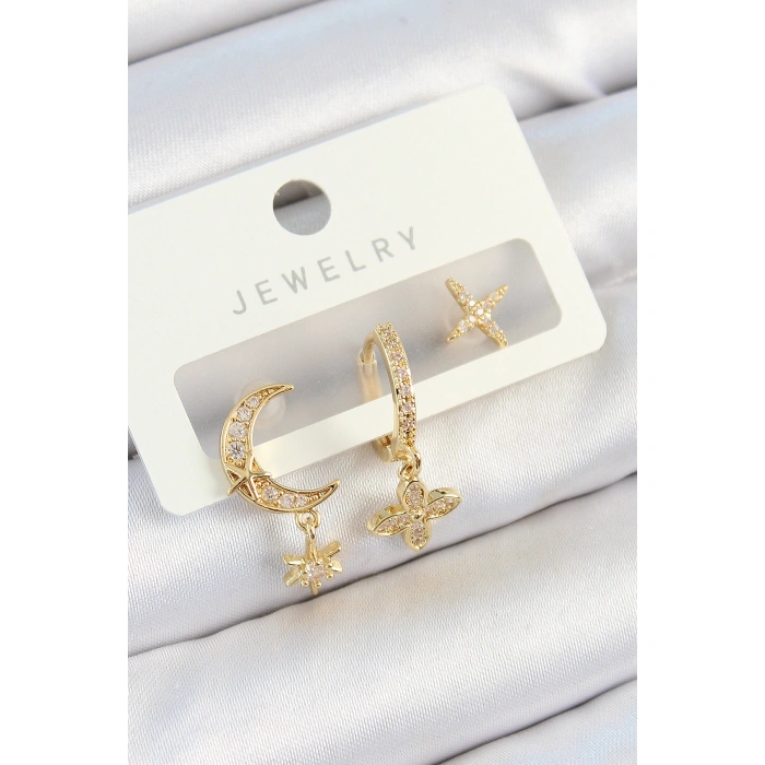 Pirinç Zirkon Taşlı Çiçek Ve Ay Model Gold Renk 3lü Çift Kadın Küpe Set - Lisinya