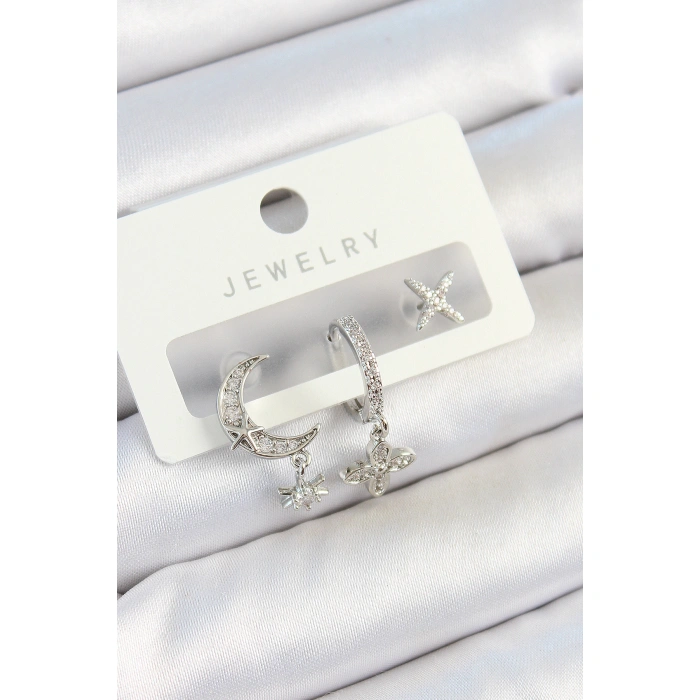 Pirinç Zirkon Taşlı Çiçek Ve Ay Model Gümüş Renk 3lü Çift Kadın Küpe Set - Lisinya