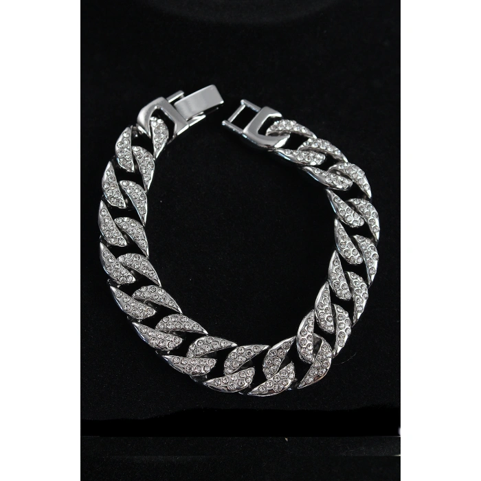 Pirinç Zirkon Taşlı Cuba Gurmet Model Gümüş Renk Erkek Bileklik - Lisinya