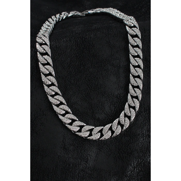 Pirinç Zirkon Taşlı Cuba Gurmet Model Gümüş Renk Erkek Kolye - Lisinya