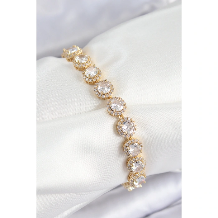 Pirinç Zirkon Taşlı Daire Baget Model Gold Renk VIP Seri Kadın Bileklik - Lisinya