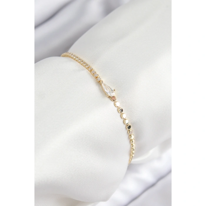 Pirinç Zirkon Taşlı Damla Model Ezme Zincir Gold Renk Kadın Bileklik - Lisinya