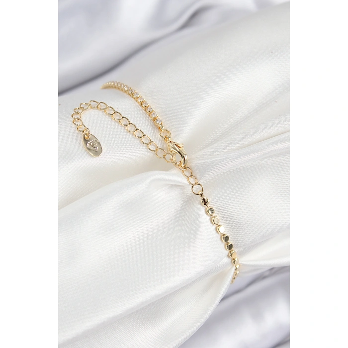 Pirinç Zirkon Taşlı Damla Model Ezme Zincir Gold Renk Kadın Bileklik - Lisinya