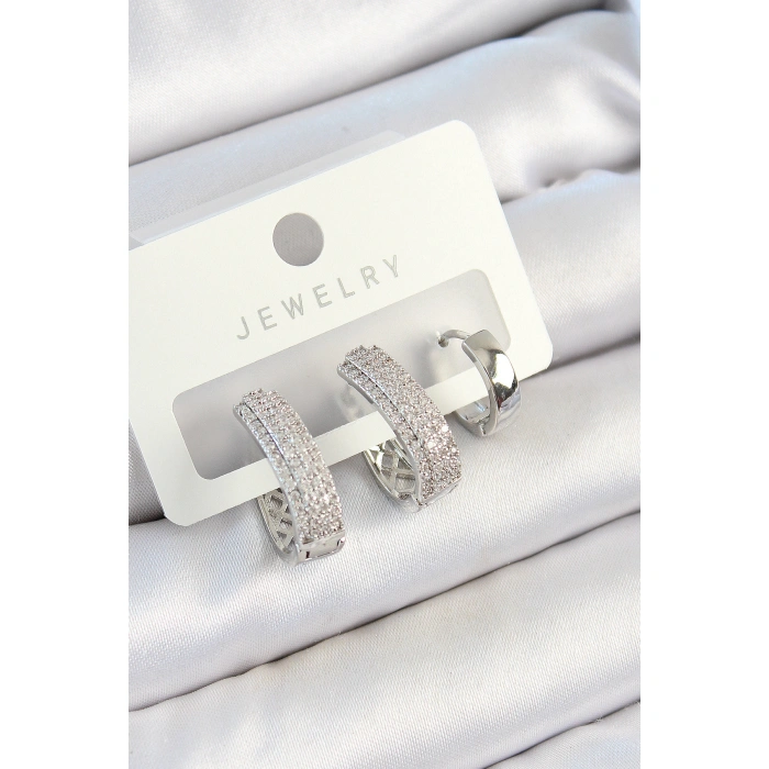 Pirinç Zirkon Taşlı Damla Model Gümüş Renk 3lü Çift Kadın Küpe Set - Lisinya