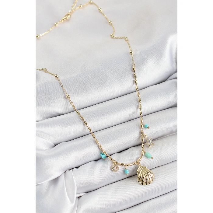 Pirinç Zirkon Taşlı Deniz Kabuğu Model Gold Renk Kadın Kolye - Lisinya