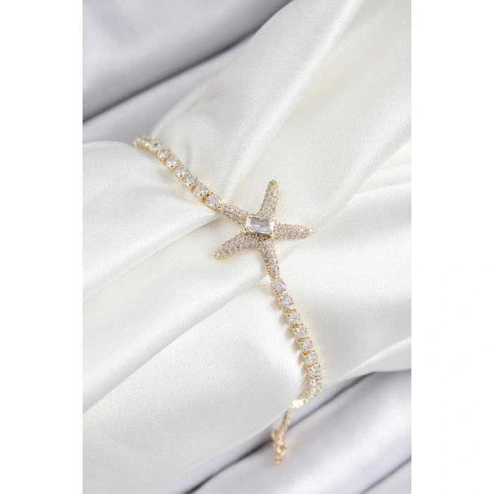 Pirinç Zirkon Taşlı Deniz Yıldızı Model Gold Renk Asansörlü Kadın Bileklik - Lisinya