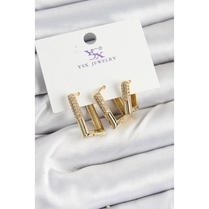 Pirinç Zİrkon Taşlı Dikdörtgen Model Gold Renk 3lü Kadın Küpe - Lisinya