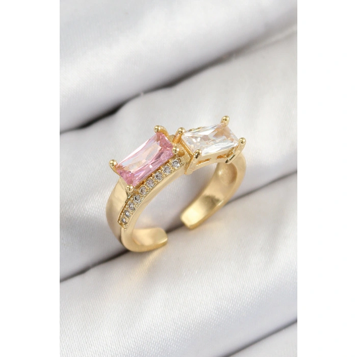 Pirinç Zirkon Taşlı Dikdörtgen Model Gold Renk Kadın Yüzük - Lisinya