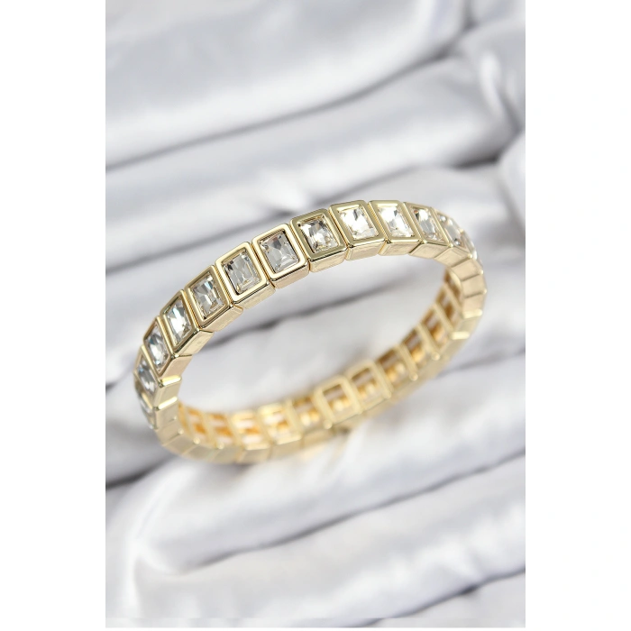 Pirinç Zirkon Taşlı Dikdörtgen Model Gold Renk Lastikli Kadın Bileklik - Lisinya