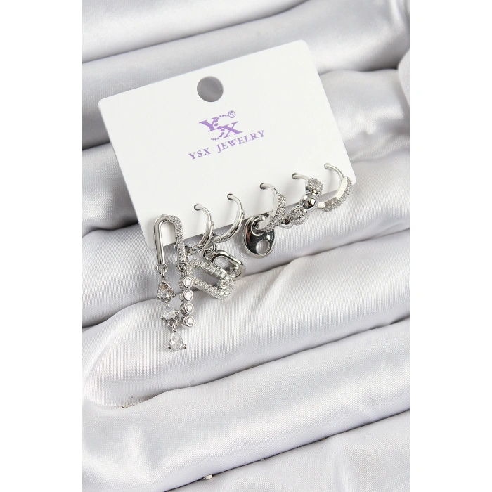 Pirinç Zİrkon Taşlı Dikdörtgen Model Gümüş Renk 3lü Çift Kadın Küpe - Lisinya