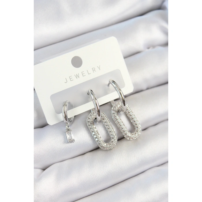 Pirinç Zirkon Taşlı Dikdörtgen Model Gümüş Renk 3lü Çift Kadın Küpe Set - Lisinya