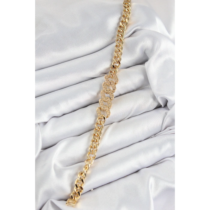 Pirinç Zirkon Taşlı Ezme Küba Zincir Model Gold Renk Kadın Bileklik - Lisinya