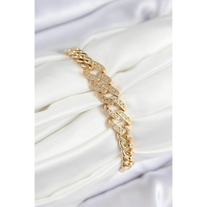 Pirinç Zirkon Taşlı Ezme Küba Zincir Model Gold Renk Kadın Bileklik - Lisinya