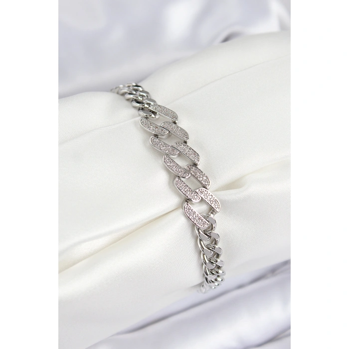 Pirinç Zirkon Taşlı Ezme Küba Zincir Model Gümüş Renk Kadın Bileklik - Lisinya