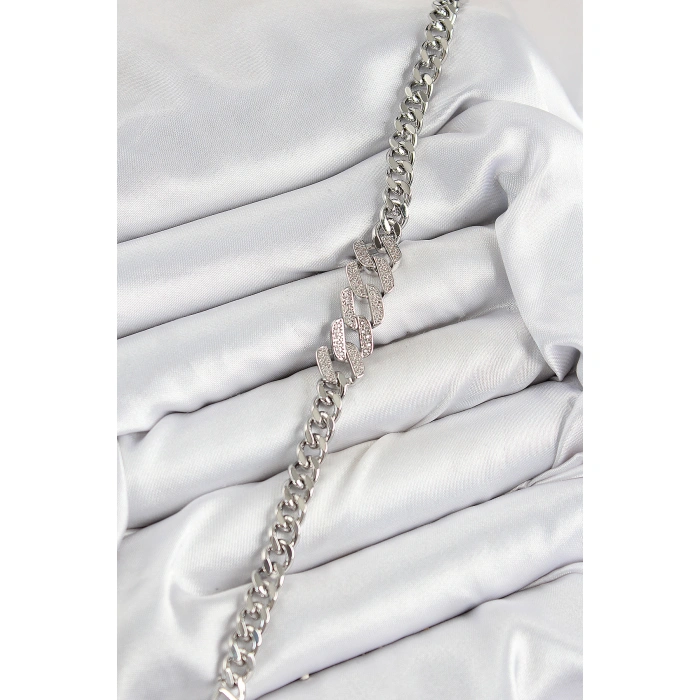 Pirinç Zirkon Taşlı Ezme Küba Zincir Model Gümüş Renk Kadın Bileklik - Lisinya