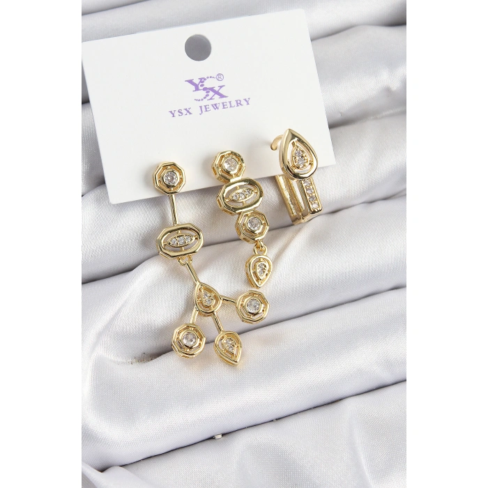 Pirinç Zİrkon Taşlı Geometrik Model Gold Renk 3lü Kadın Küpe - Lisinya